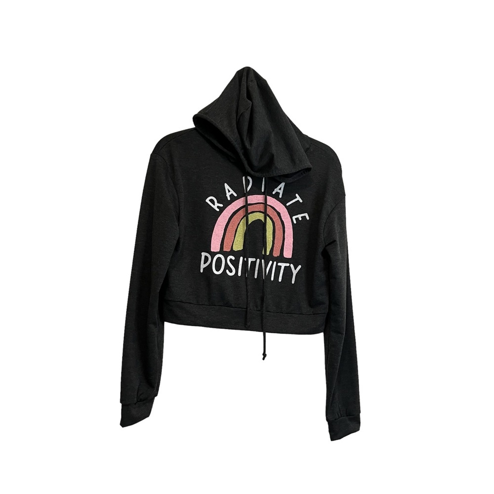 mmmmmm Radiate Positivity Graphic Gray Hoodie Pullover Sweatshirt Womens Size M